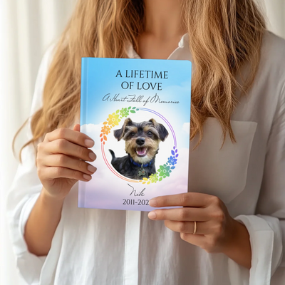 Pet memorial journal with a customizable cover featuring a pet photo, name, and years, designed for healing and cherishing memories
