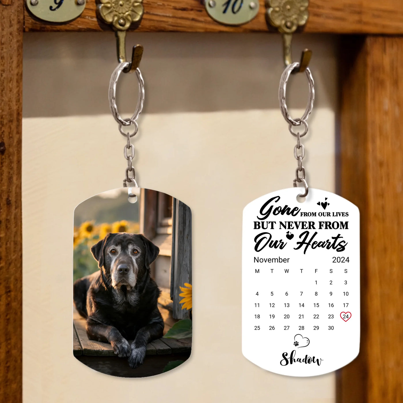 Double-sided memorial keychain featuring a custom pet photo on the front and heartfelt quote from the  back 