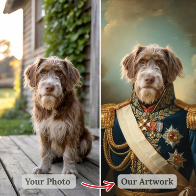 Your photo → Our artistic 18th-century royal pet portrait - Before → After image
