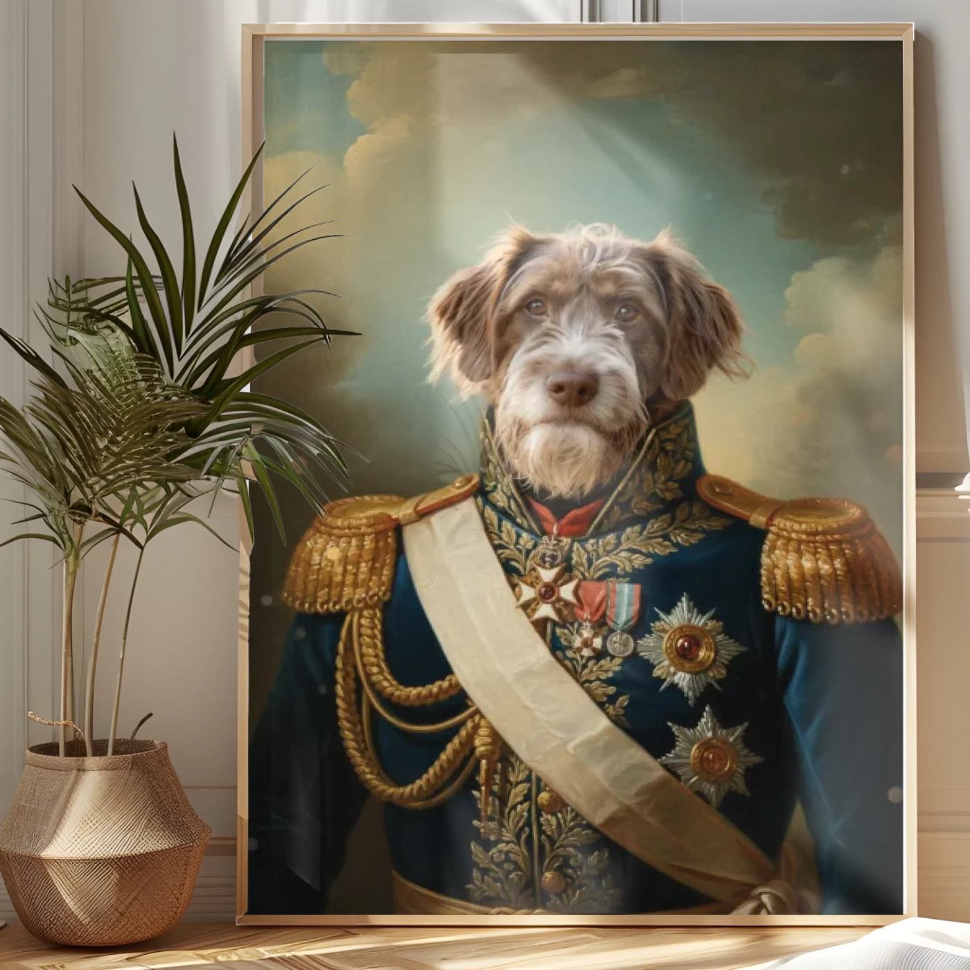 AI-generated watercolor pet memorial portrait framed poster with custom photo