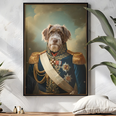 AI-generated watercolor portrait dog memorial framed poster with custom photo