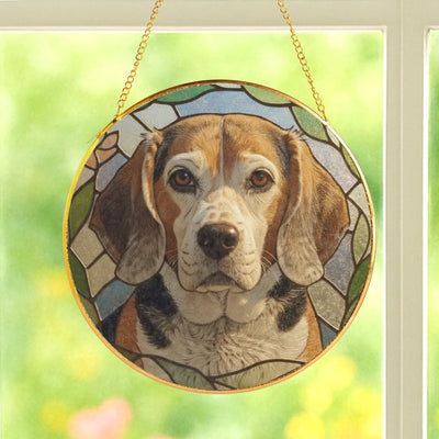 Realistic stained-glass suncatcher of a dog with lifelike fur tones and gentle light shining through multicolored glass panelsRealistic stained-glass suncatcher of a beagle with lifelike fur tones and gentle light shining through multicolored glass panels