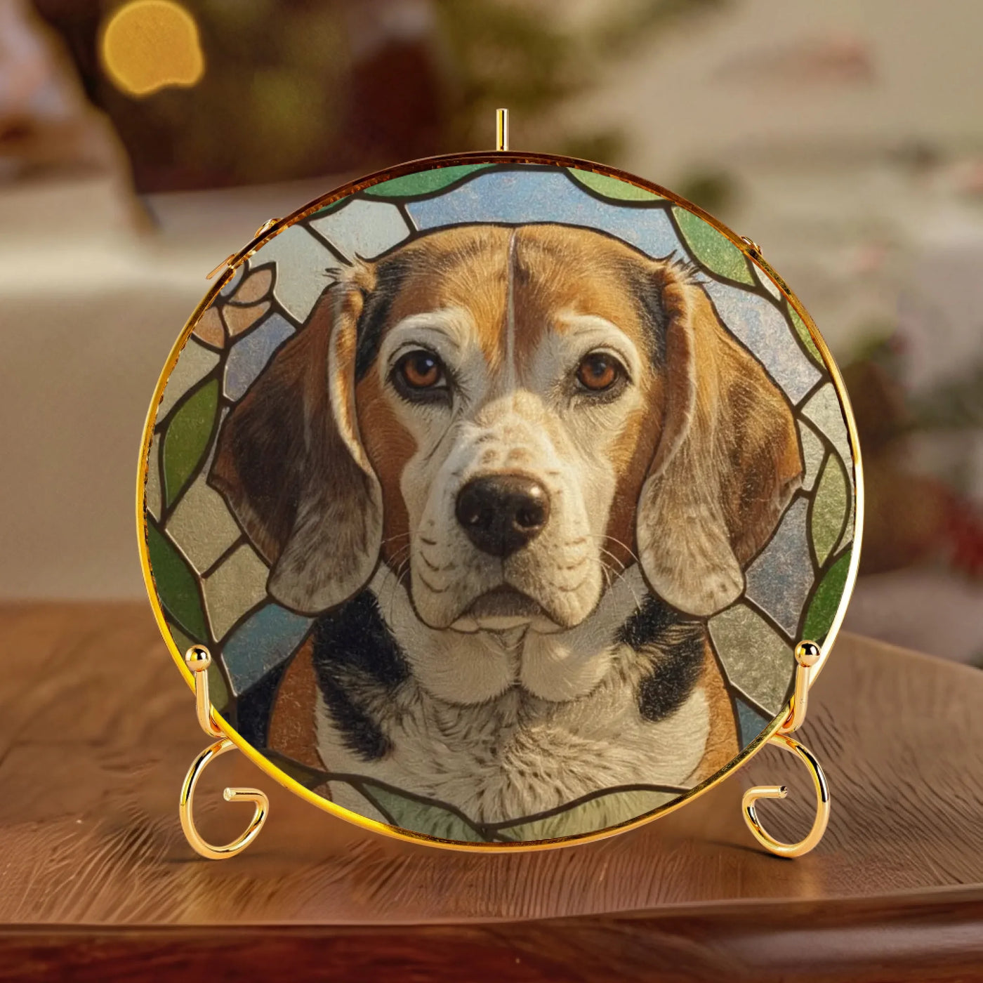 Personalized stained-glass pet memorial suncatcher with warm natural tones, displayed indoors on golden stand against soft wooden background