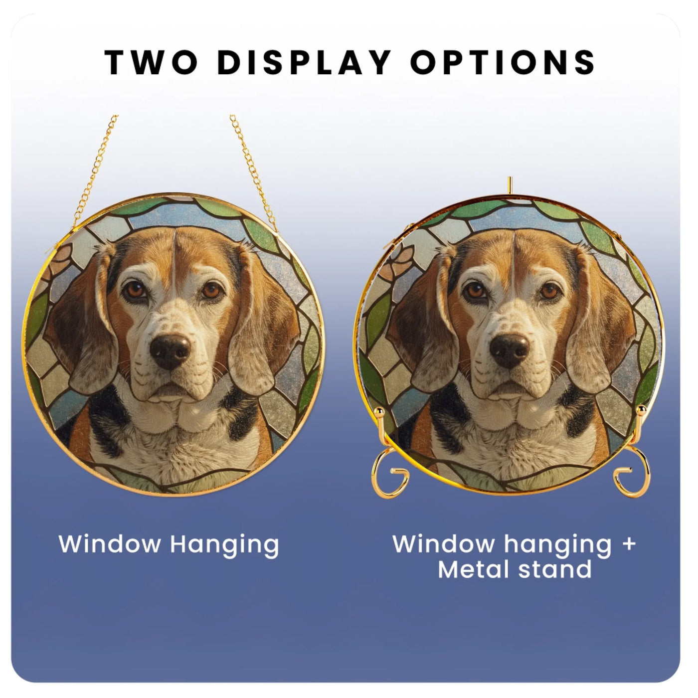 Two display options for personalized stained-glass pet suncatchers, showing window hanging examples with lifelike beagle portrait designs