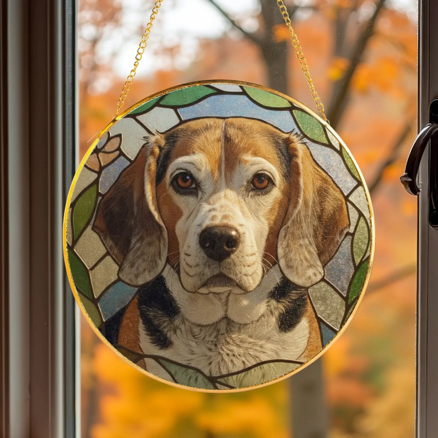 Realistic stained-glass dog memorial suncatcher glowing with sunlight, displayed near a window with autumn foliage in the background