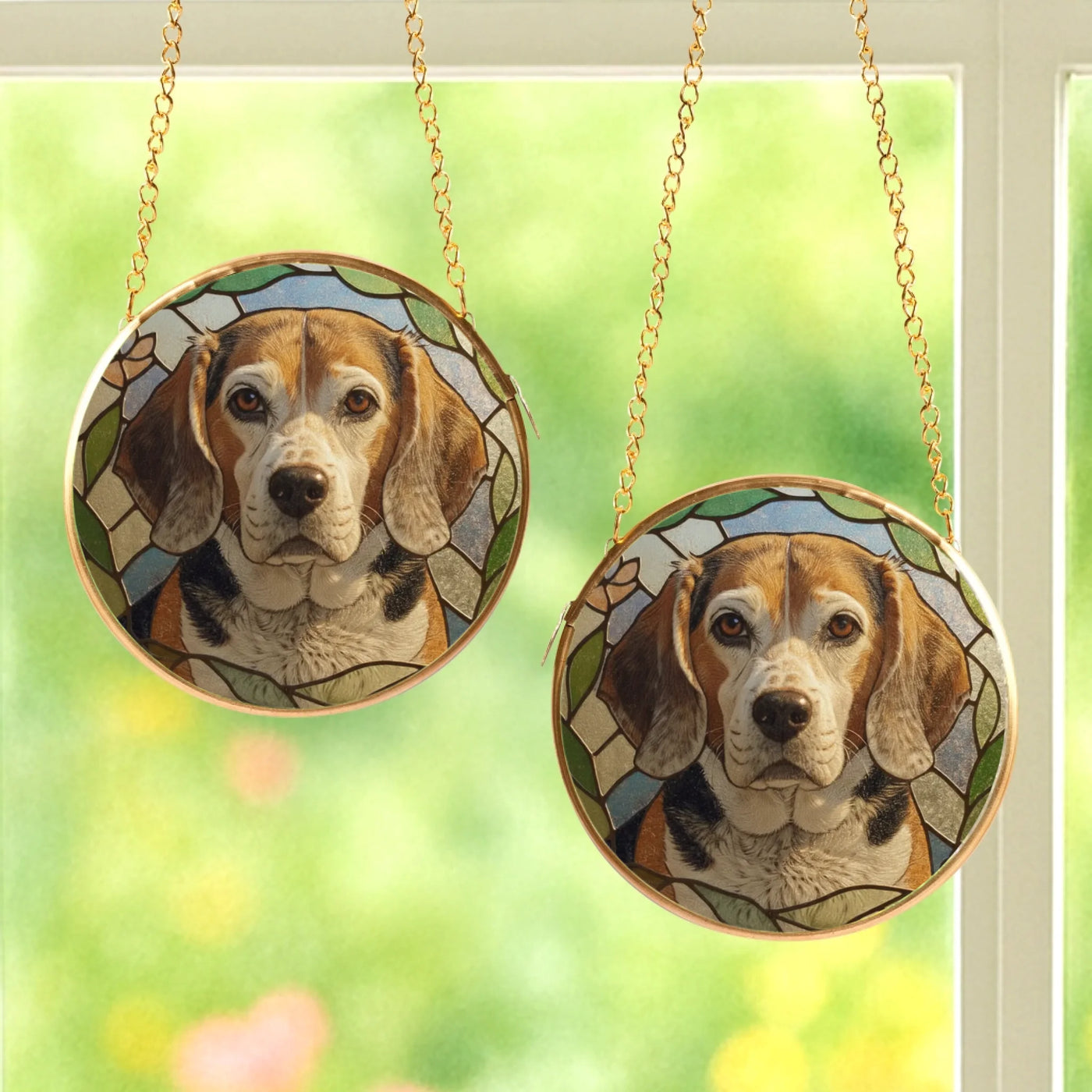 Pair of realistic stained-glass dog memorial suncatchers hanging side by side, illuminated by natural daylight near a window.