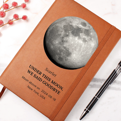 Angled close-up of moon-phase vegan-leather journal — headline and lunar disc detail, custom date and place