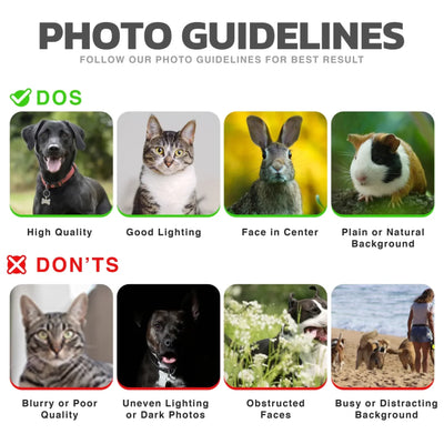 Pet photo upload guidelines showing do’s and don’ts for creating a clear, centered personalized image
