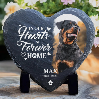 Heart-shaped memorial stone featuring a pet photo, the quote "In Our Hearts Forever Home," and custom details, ideal for pet remembrance