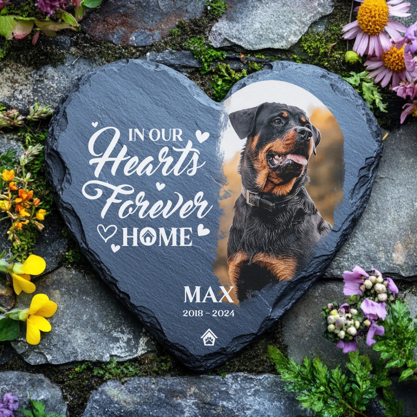 Heart-shaped memorial stone featuring a pet photo, the quote "In Our Hearts Forever Home," and custom details, ideal for cat remembrance
