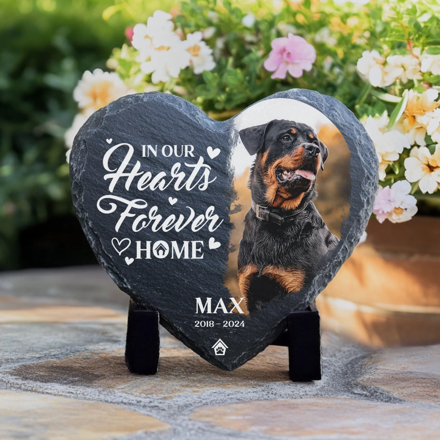 Heart-shaped memorial stone featuring a pet photo, the quote "In Our Hearts Forever Home," and custom details, ideal for pet remembrance