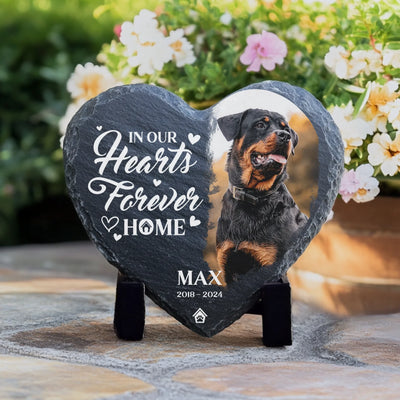 Heart-shaped memorial stone featuring a pet photo, the quote "In Our Hearts Forever Home," and custom details, ideal for pet remembrance