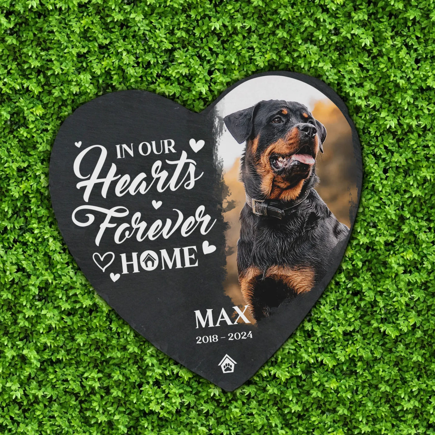 Heart-shaped memorial stone featuring a pet photo, the quote "In Our Hearts Forever Home," and custom details, ideal for pet remembrance
