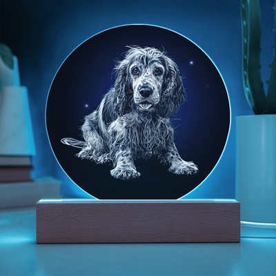 Etched moonlit portrait LED acrylic circle plaque with custom dog illustration on wooden base, glowing softly in the dark