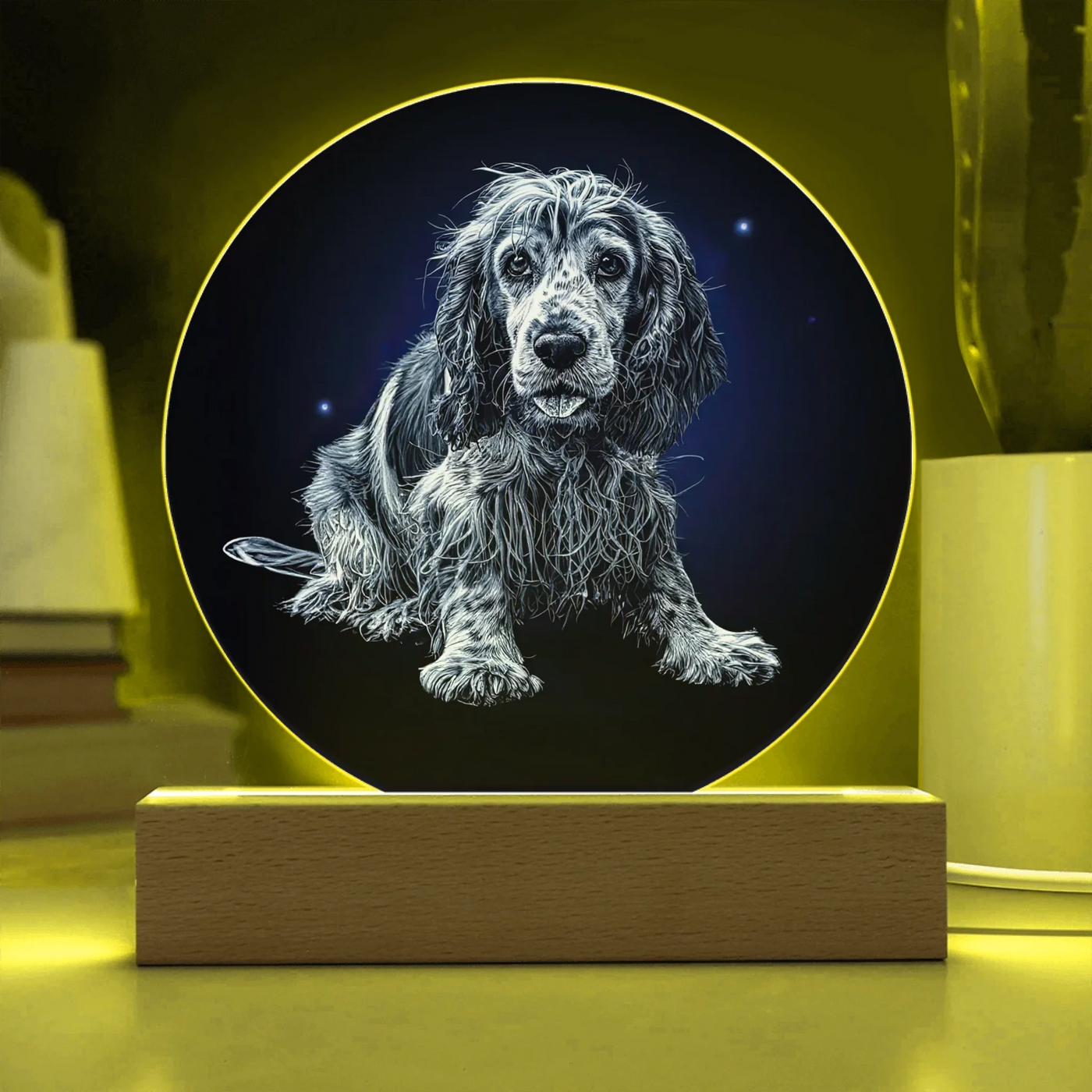 Etched moonlit portrait LED acrylic circle plaque with custom dog illustration on wooden base, glowing softly in the dark