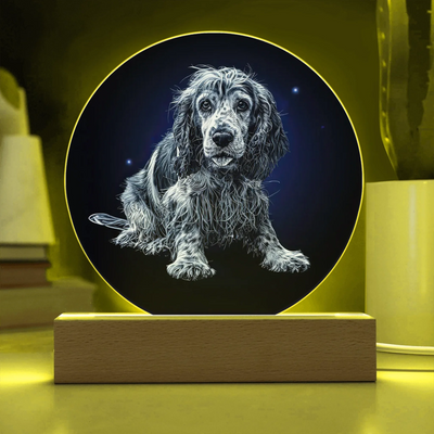 Etched moonlit portrait LED acrylic circle plaque with custom dog illustration on wooden base, glowing softly in the dark