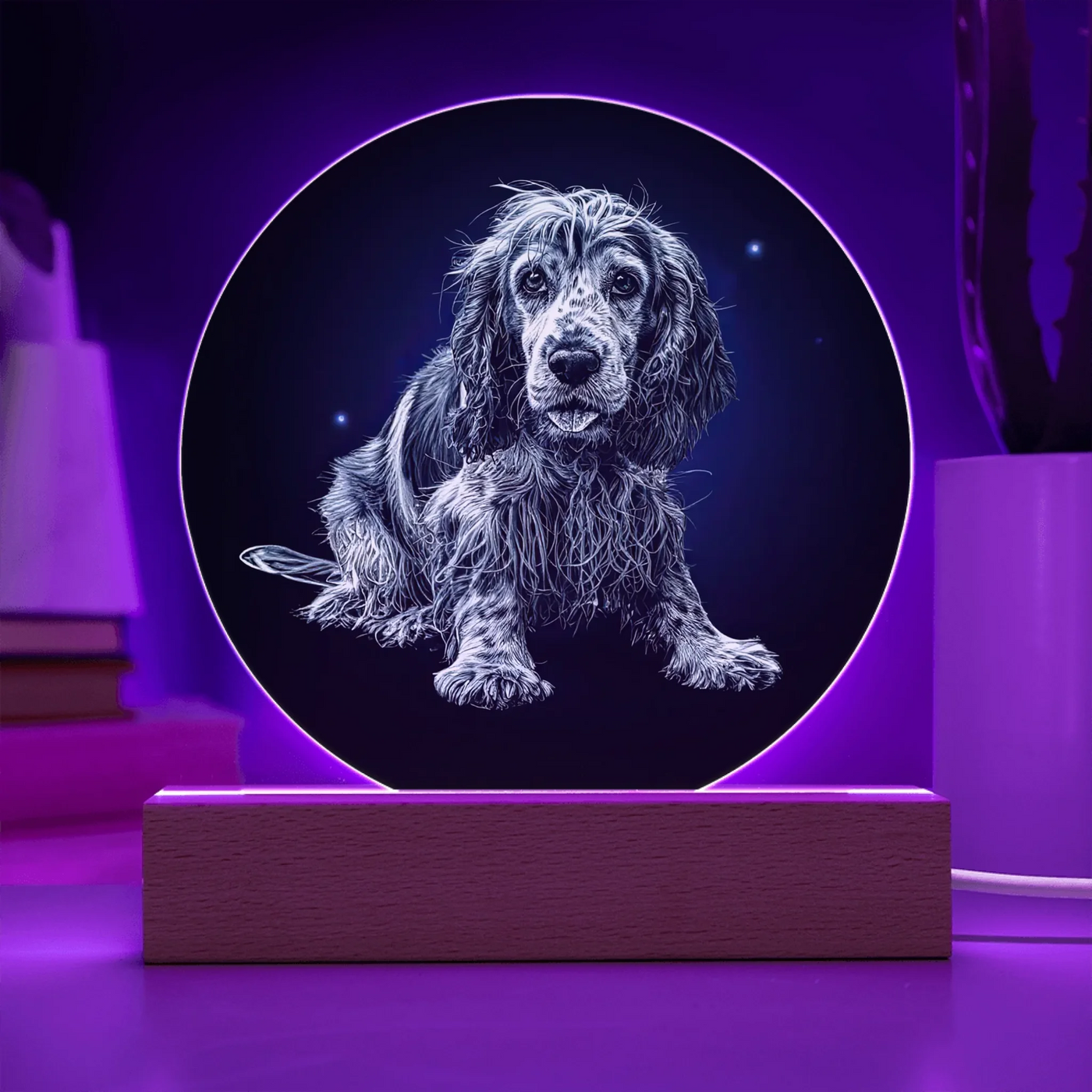 Personalized moonlit pet portrait acrylic plaque with changing LED colors on wooden base