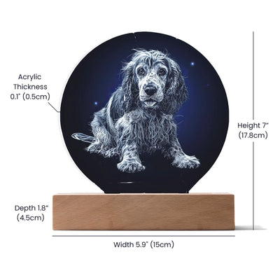 size image of Etched moonlit portrait LED acrylic circle plaque with custom dog illustration on wooden base, glowing softly in the dark