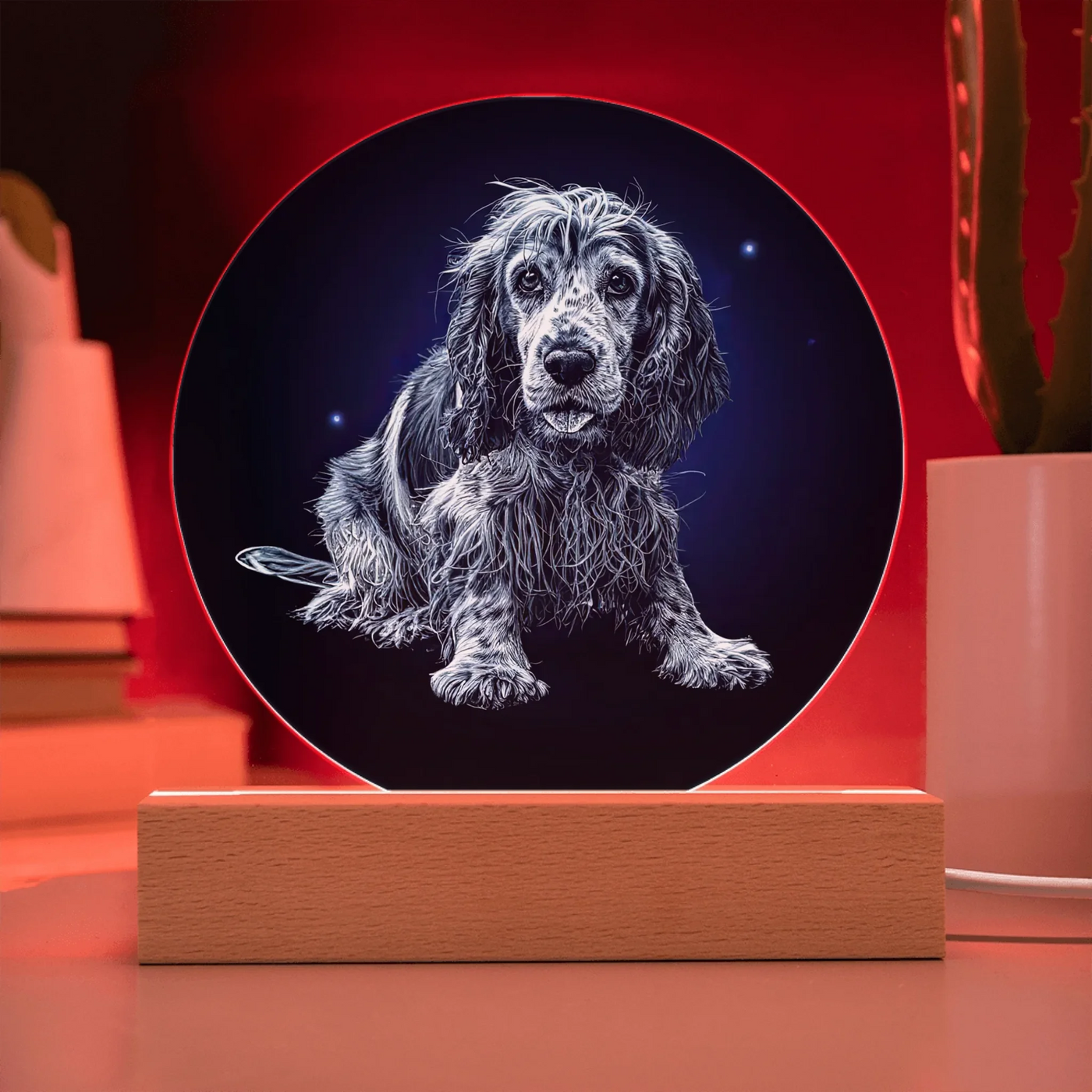 Personalized moonlit pet portrait acrylic plaque with changing LED colors on wooden base