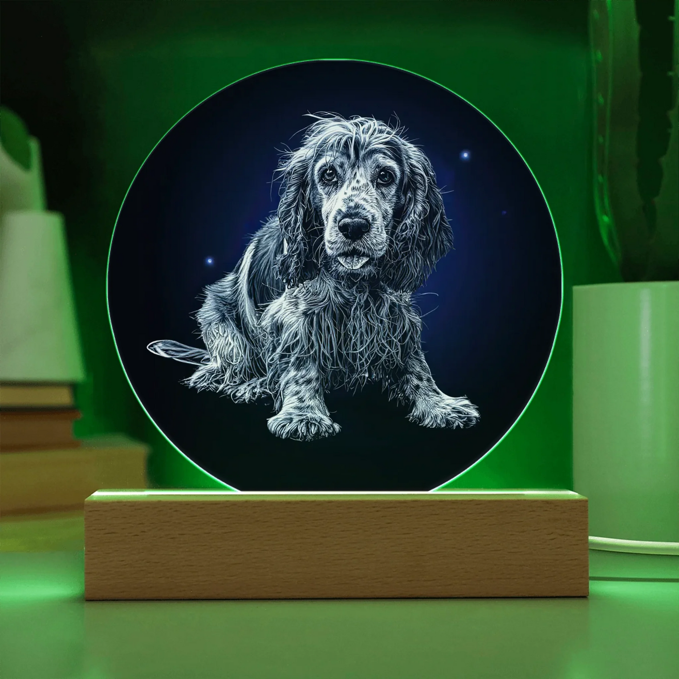 Close-up of etched-style pet portrait printed on clear acrylic circle plaque with illuminated edges