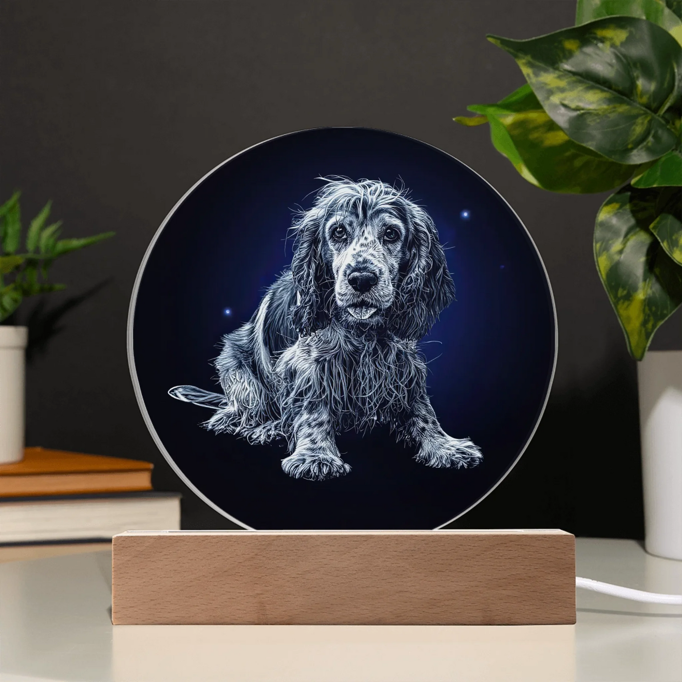 Etched moonlit portrait LED acrylic circle plaque with custom dog illustration on wooden base, glowing softly in the dark