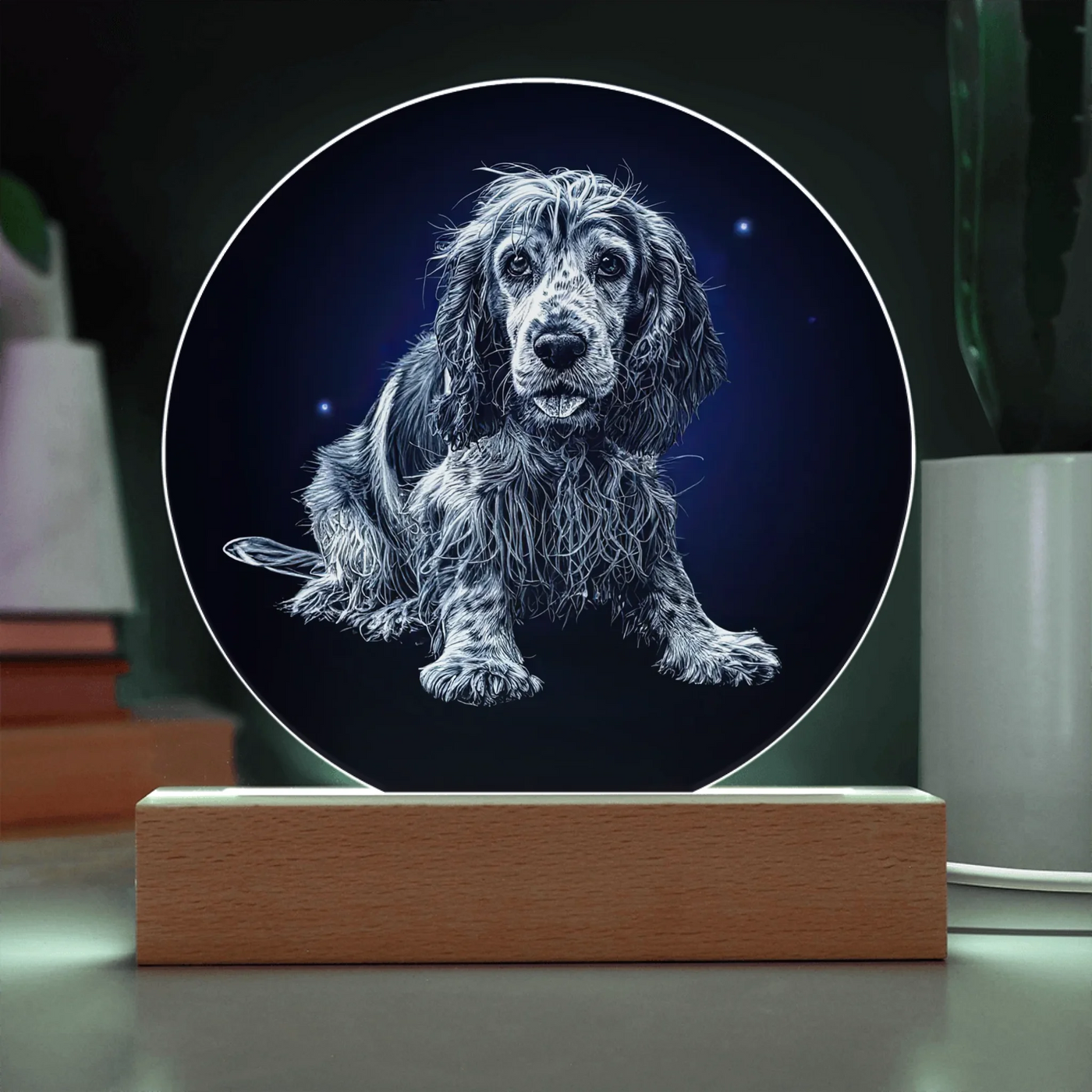 Example of custom pet photo transformed into etched moonlit portrait on LED acrylic circle plaque
