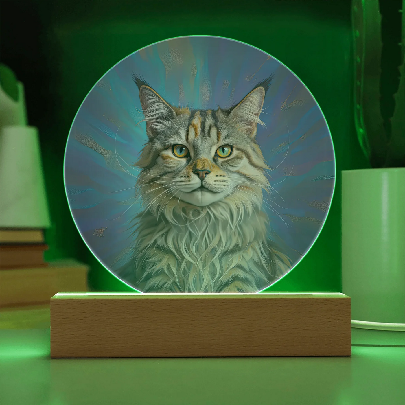 Celestial Aura double exposure LED acrylic circle plaque with custom cat portrait glowing on wooden base