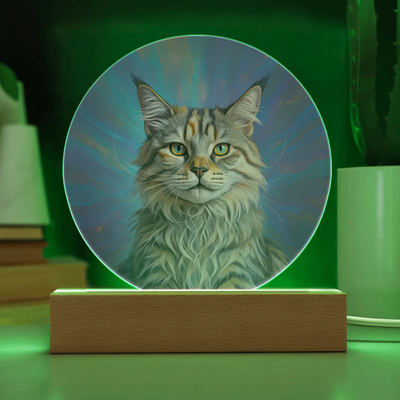 Celestial Aura double exposure LED acrylic circle plaque with custom cat portrait glowing on wooden base