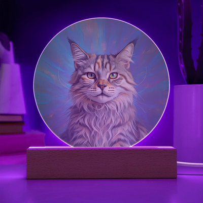 Celestial Aura double exposure LED acrylic circle plaque with custom cat portrait glowing on wooden base