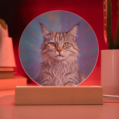 Celestial Aura double exposure LED acrylic circle plaque with custom cat portrait glowing on wooden base