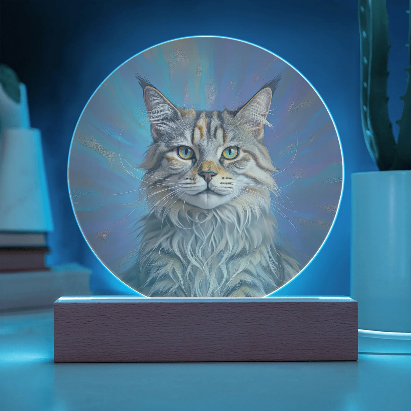 Celestial Aura double exposure LED acrylic circle plaque with custom cat portrait glowing on wooden base