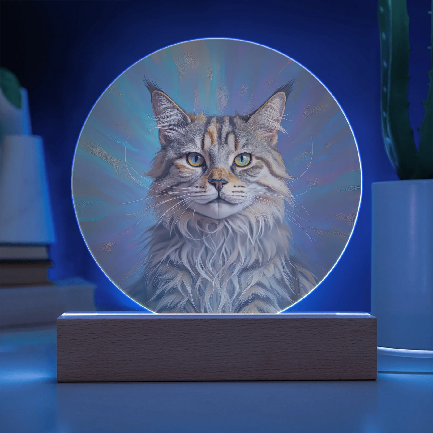 Celestial Aura double exposure LED acrylic circle plaque with custom cat portrait glowing on wooden base