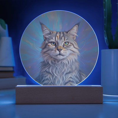 Celestial Aura double exposure LED acrylic circle plaque with custom cat portrait glowing on wooden base
