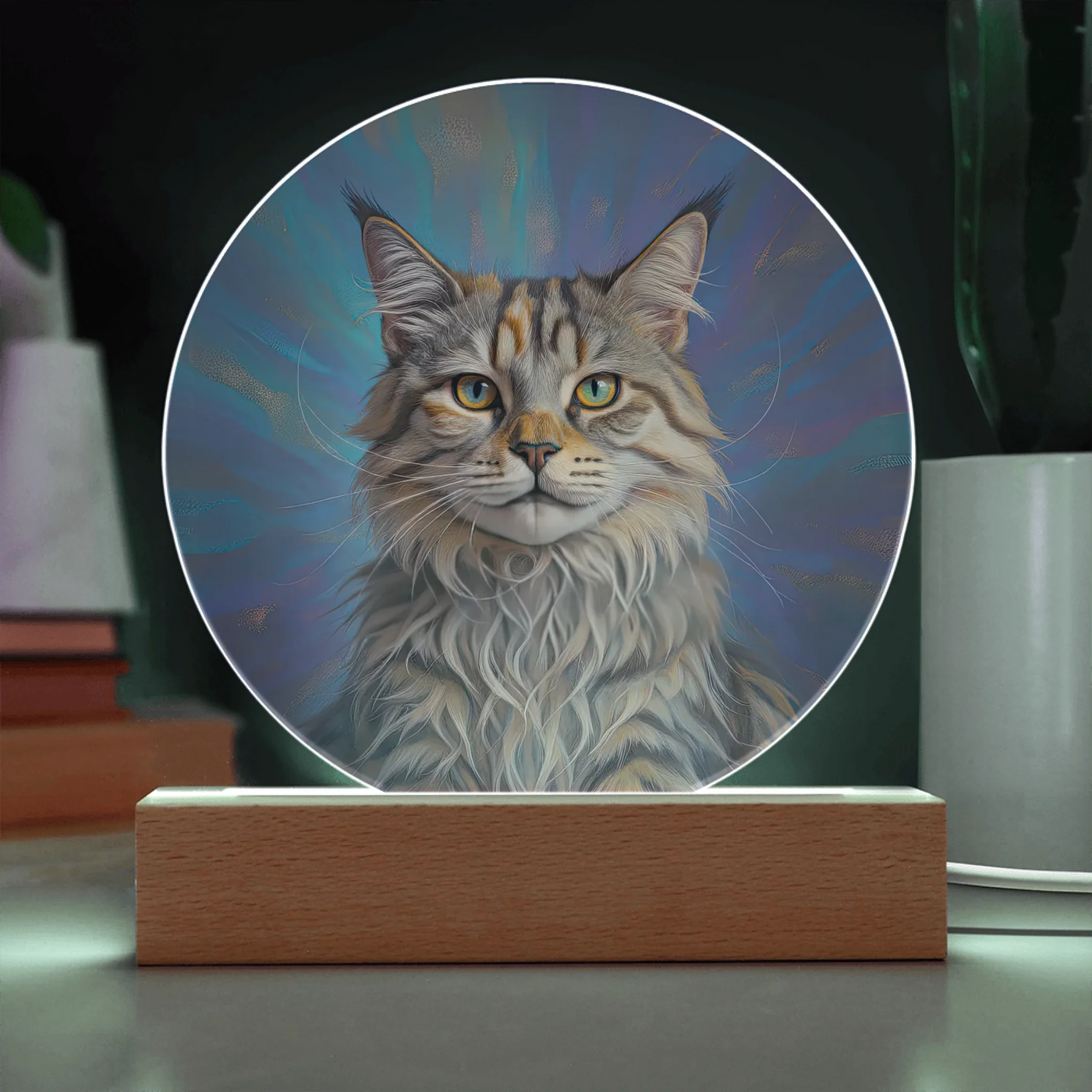 Celestial Aura double exposure LED acrylic circle plaque with custom cat portrait glowing on wooden base