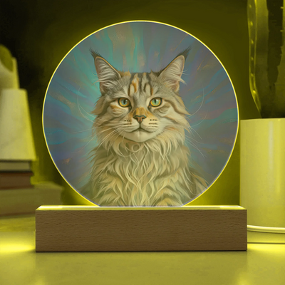 Celestial Aura double exposure LED acrylic circle plaque with custom cat portrait glowing on wooden base