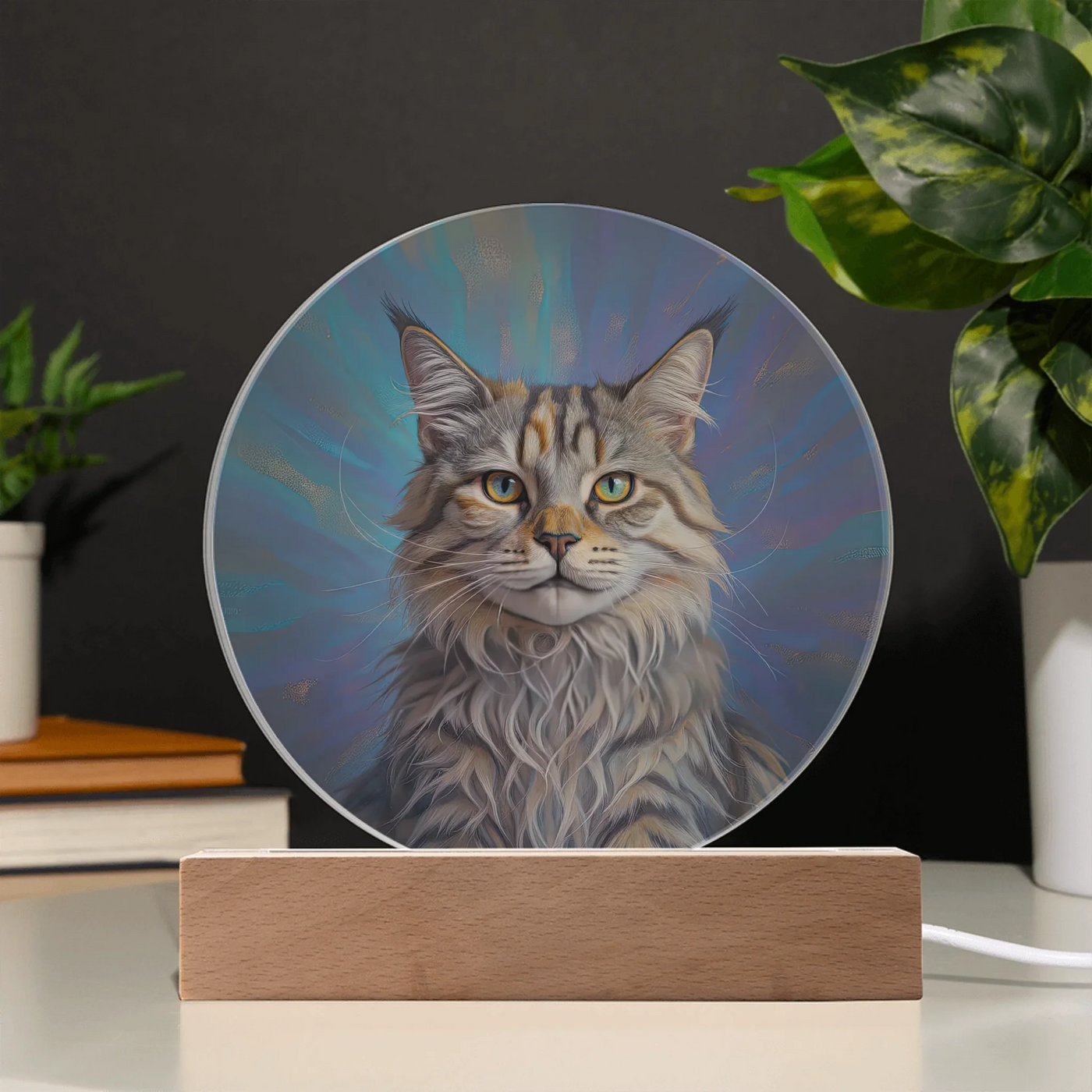 Celestial Aura double exposure LED acrylic circle plaque with custom cat portrait glowing on wooden base