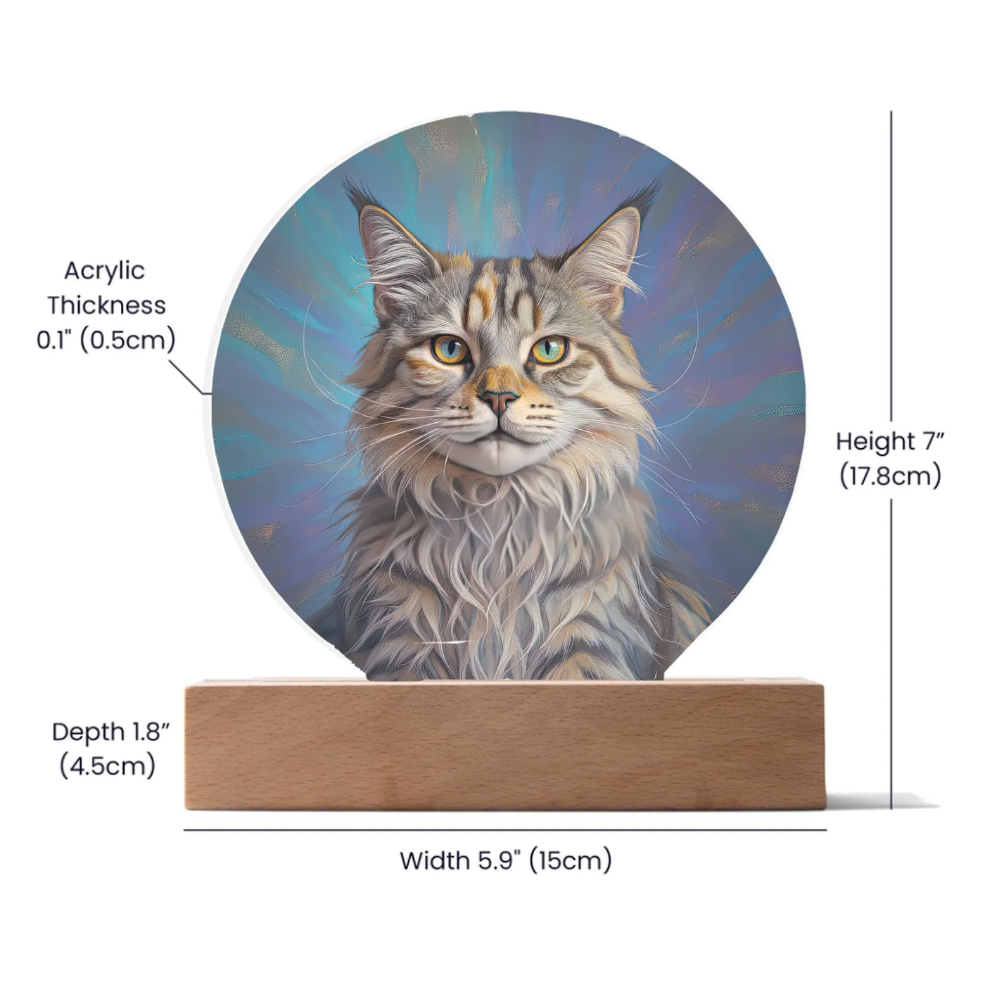 Celestial Aura double exposure LED acrylic circle plaque with custom cat portrait glowing on wooden base