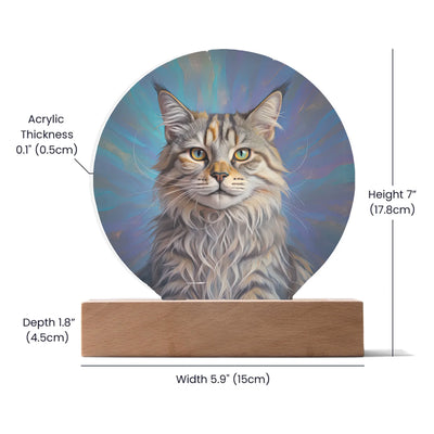 Celestial Aura double exposure LED acrylic circle plaque with custom cat portrait glowing on wooden base