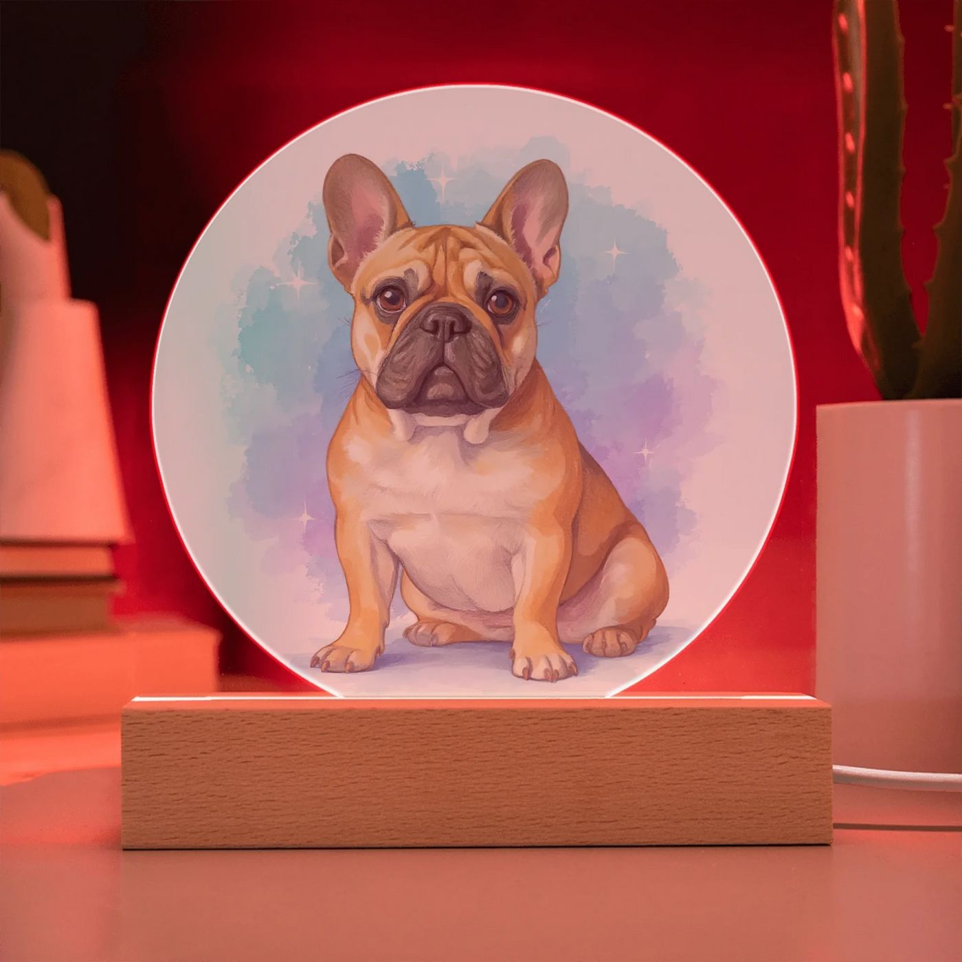 Soft pastel pet portrait LED acrylic circle plaque with French bulldog illustration glowing on wooden base