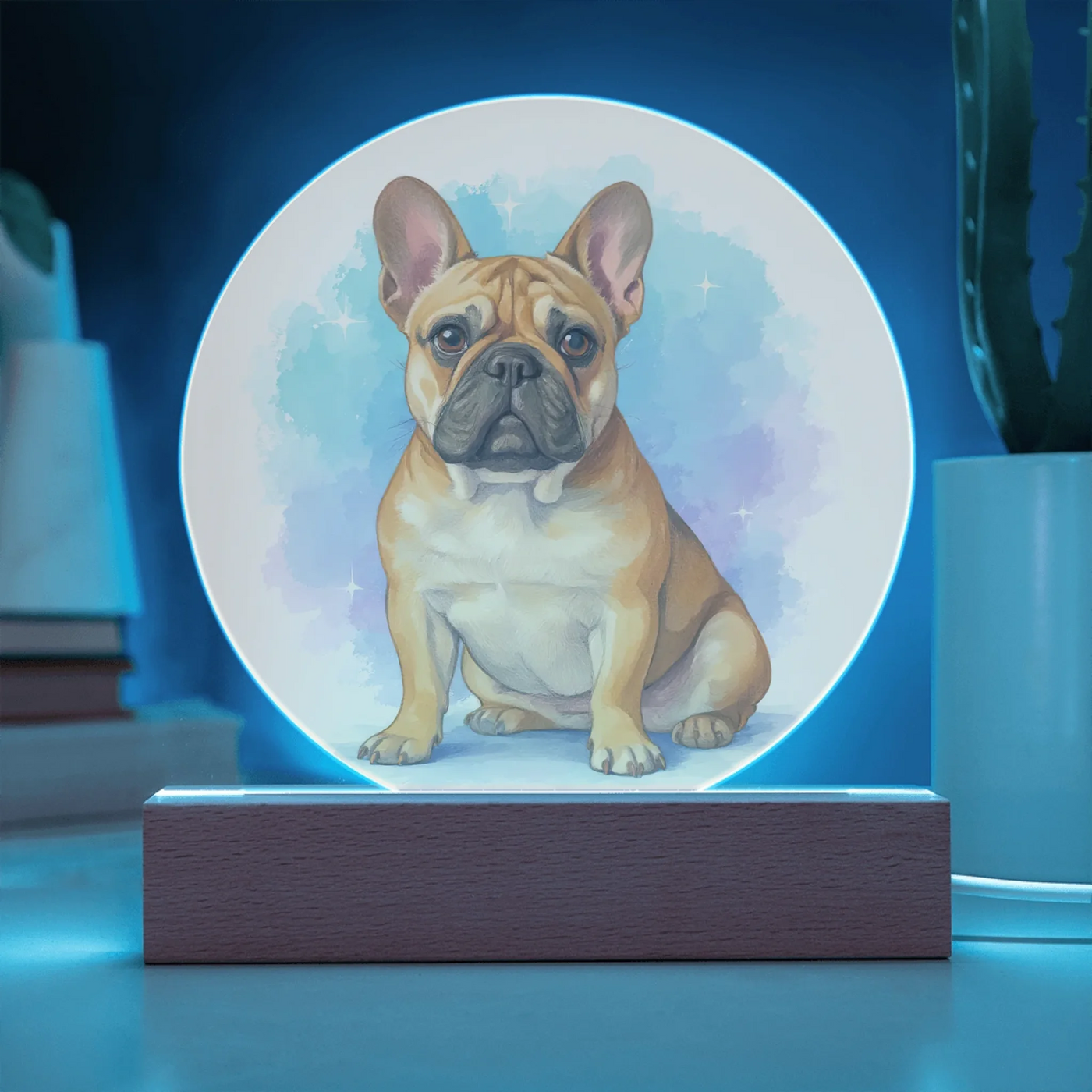 Custom pastel-style pet portrait acrylic plaque with soft multicolor LED light on wooden base