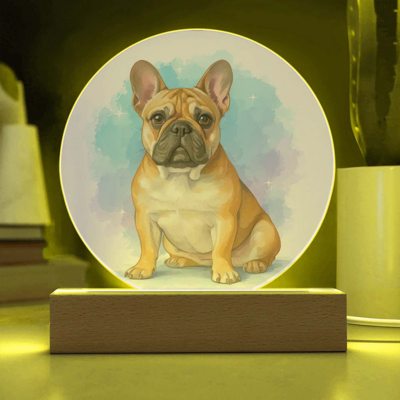 Custom pastel-style pet portrait acrylic plaque with soft multicolor LED light on wooden base