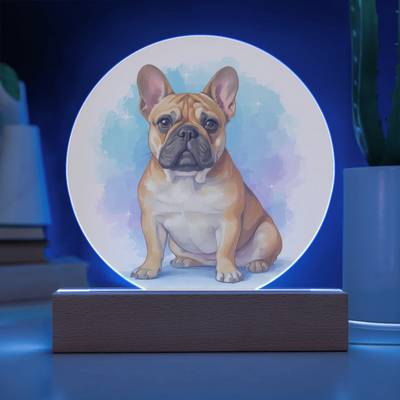 Custom pastel-style pet portrait acrylic plaque with soft multicolor LED light on wooden base