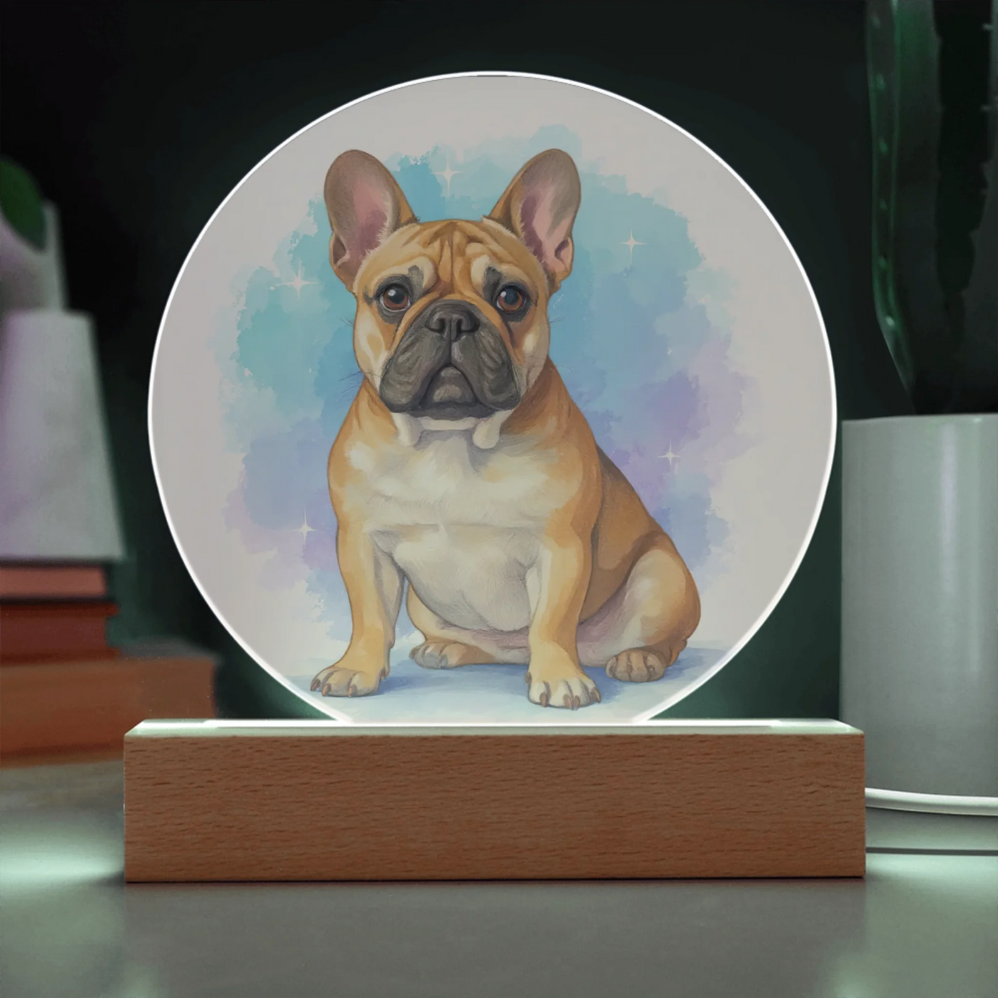 Close-up of watercolor-style pastel pet portrait printed on clear acrylic memorial plaque