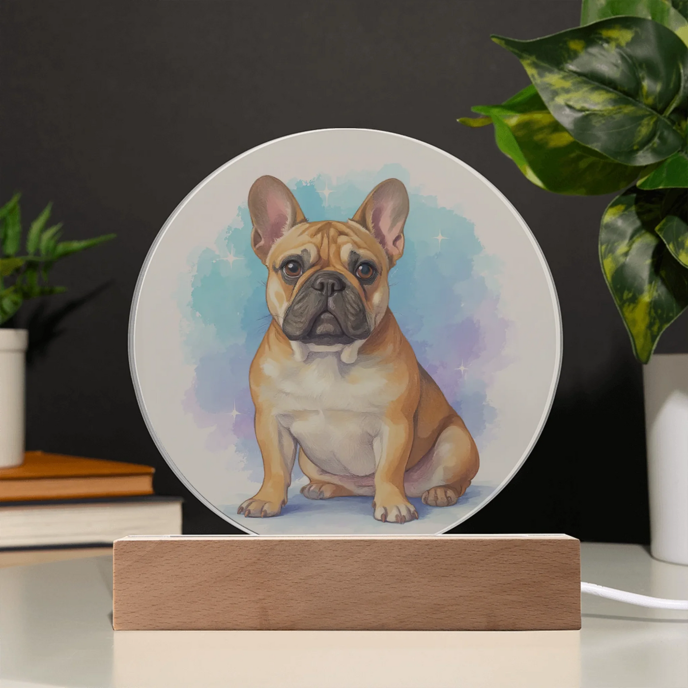 Close-up of watercolor-style pastel pet portrait printed on clear acrylic memorial plaque