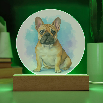 Soft pastel pet portrait LED acrylic circle plaque with French bulldog illustration glowing on wooden base