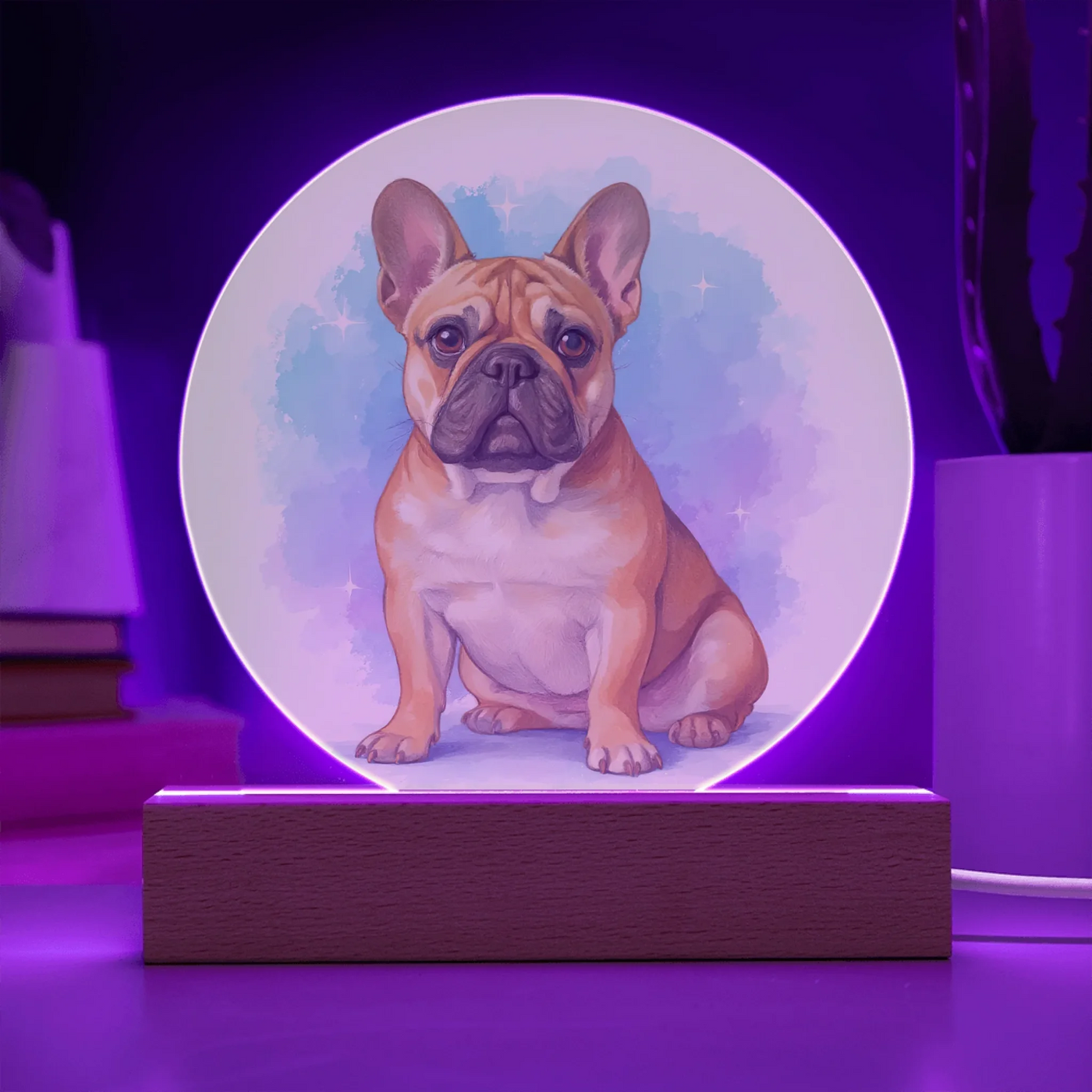 Soft pastel pet portrait LED acrylic circle plaque with French bulldog illustration glowing on wooden base