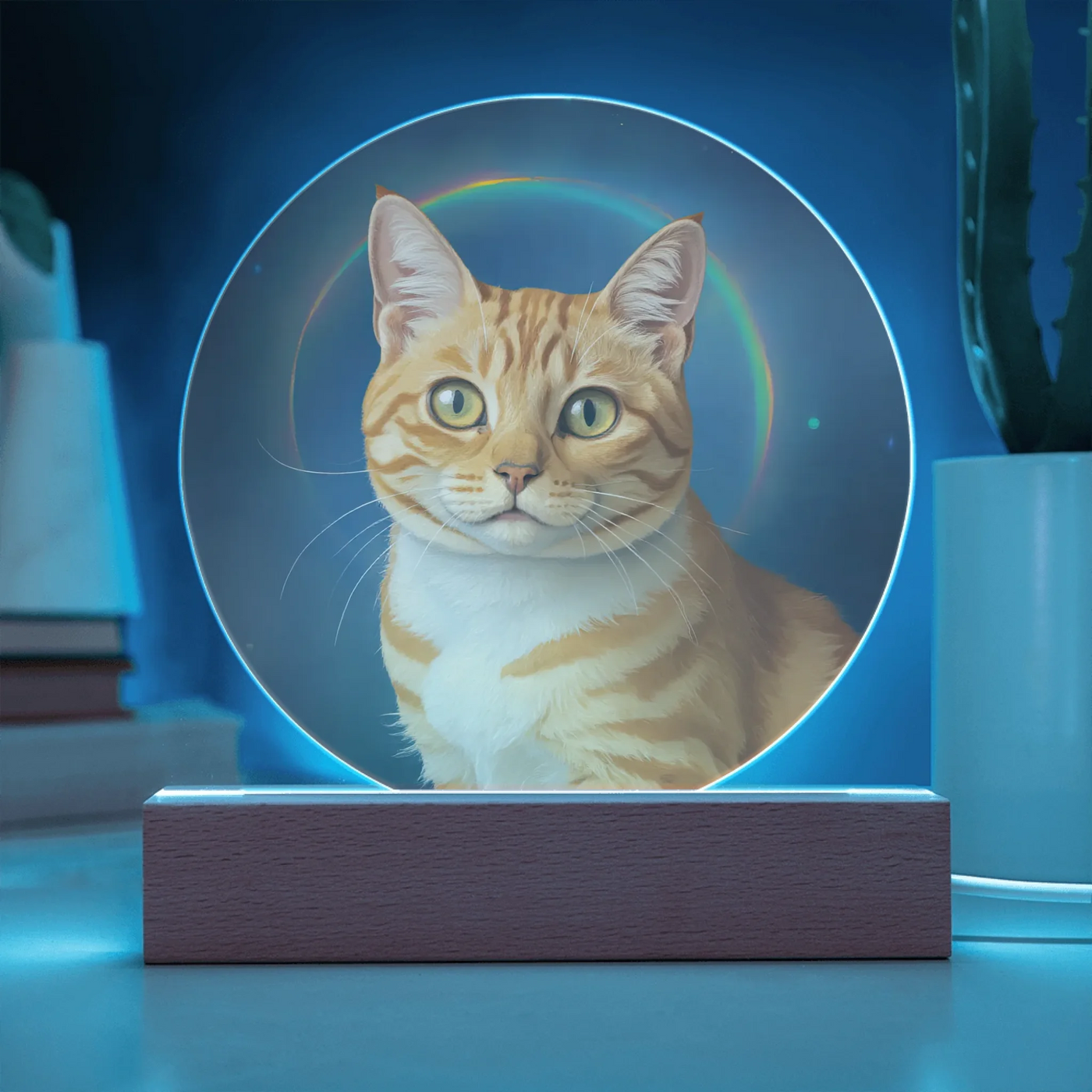 Rainbow halo pet portrait LED acrylic circle plaque with custom cat illustration glowing on wooden base