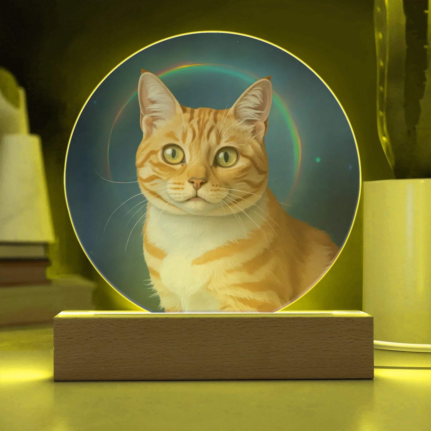 Personalized painted-style pet memorial acrylic plaque with soft rainbow arc and LED lighting
