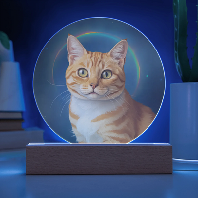 Personalized painted-style pet memorial acrylic plaque with soft rainbow arc and LED lighting