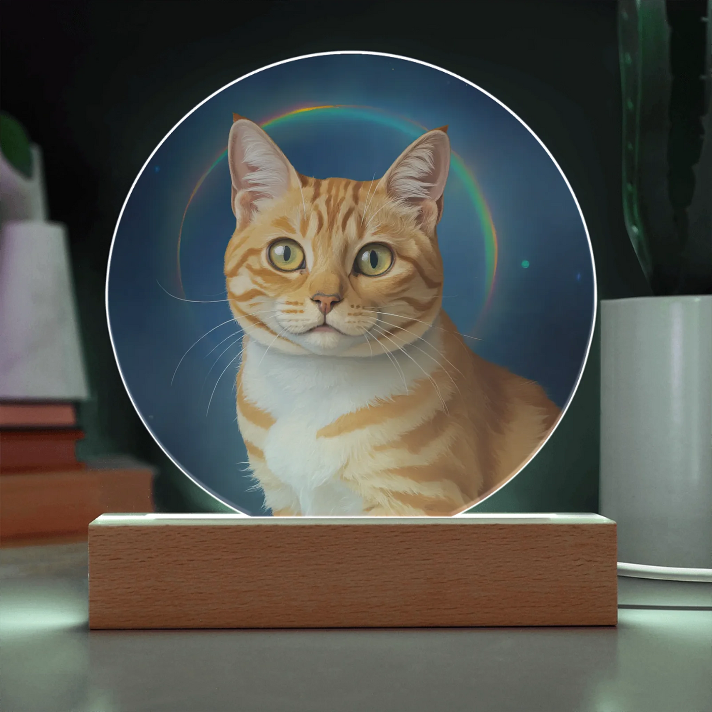 Personalized painted-style pet memorial acrylic plaque with soft rainbow arc and LED lighting